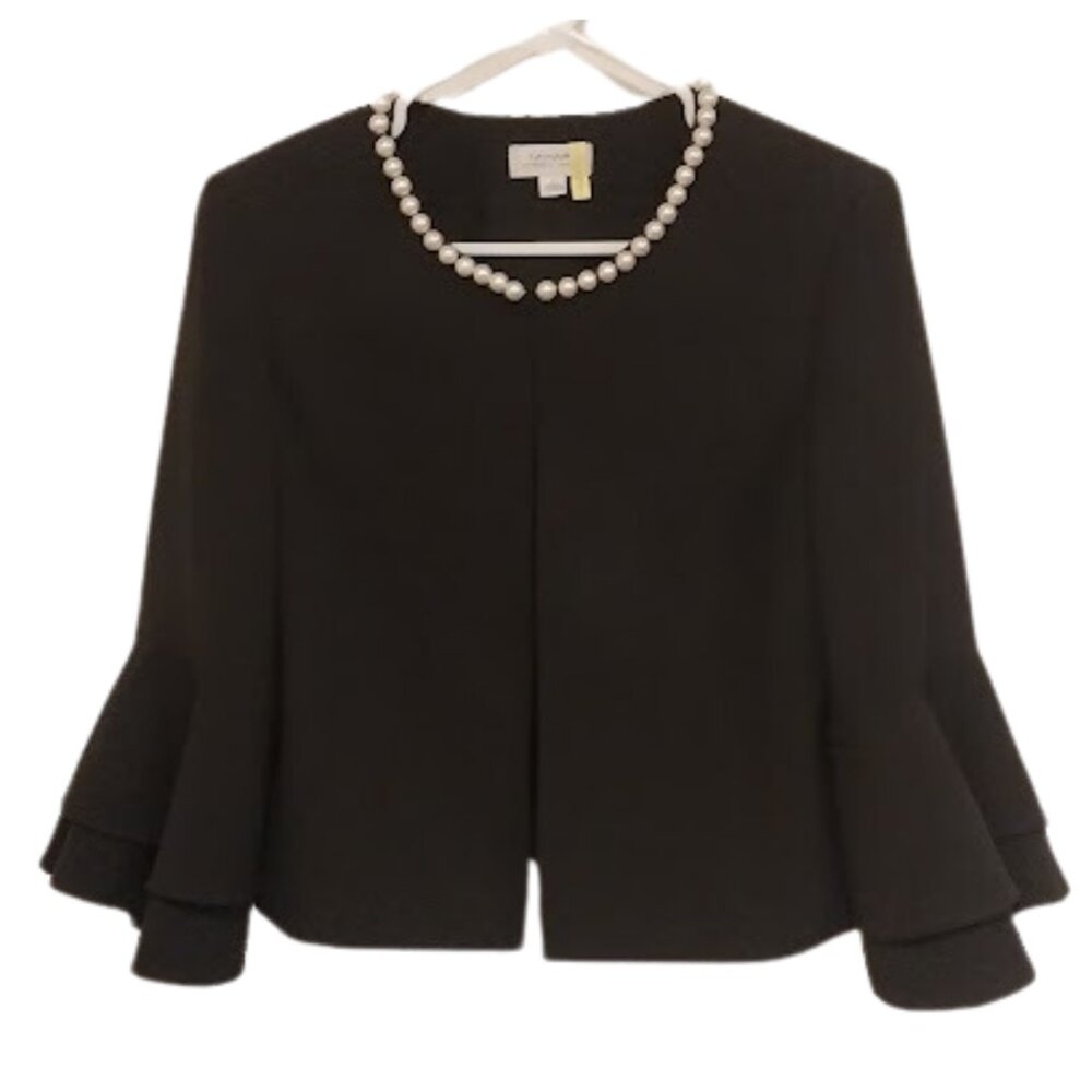 Tahari ASL Women's Faux Bright-White Pearl-Trim Ruffled-Sleeve Black Jacket SZ 8 - Picture 4 of 11